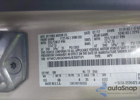 2017 Ford Escape Se z USA, uszkodzony, nr VIN 1FMCU9GD9HUE50731